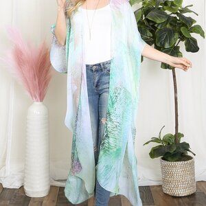 Tropical Green & Purple Splatter Abstract Dye Open Long Swim Kimono